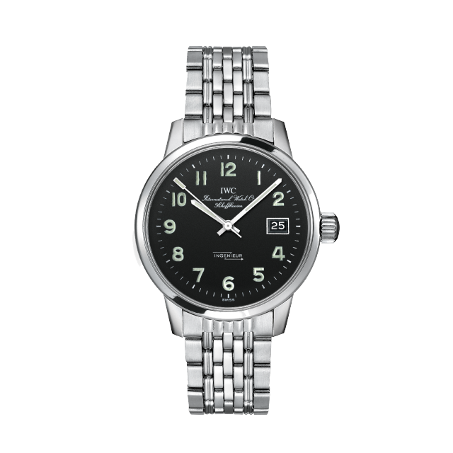 IWC Ingenieur watch 1967, black dial, stainless steel case, simple and clean design.