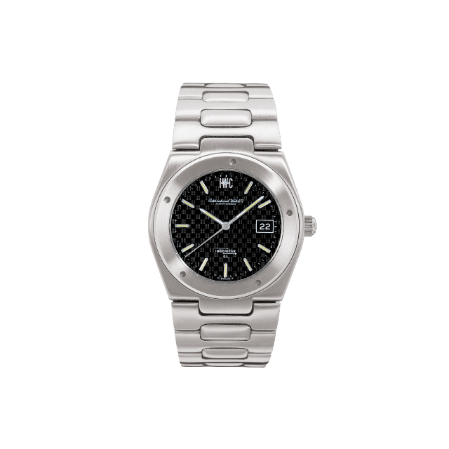 IWC Ingenieur SL Automatic watch 1976, silver dial, gold accents, stainless steel case with integrated bracelet.