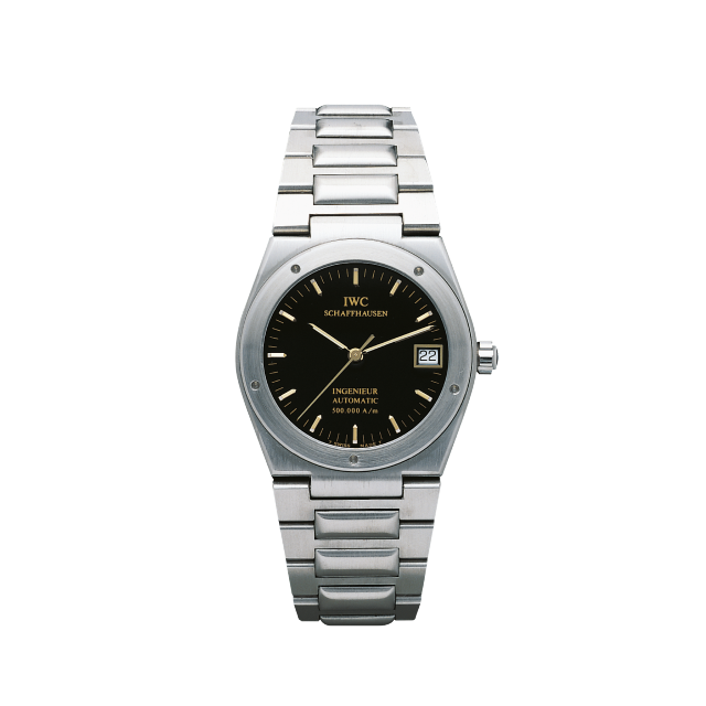 IWC Ingenieur 500,000 A/m watch 1989, black dial, luminous hands, stainless steel case.