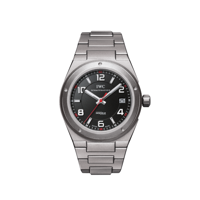 IWC Ingenieur Automatic AMG watch 2005, black dial, red accents, stainless steel case with rubber strap.