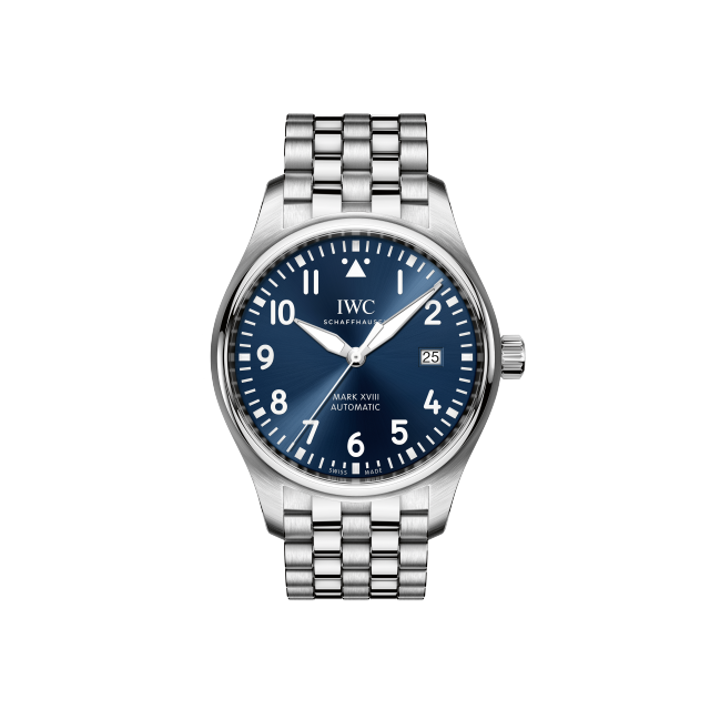 IWC Pilot's Watch, black dial, white numerals, stainless steel case, day-date display, brown leather strap.