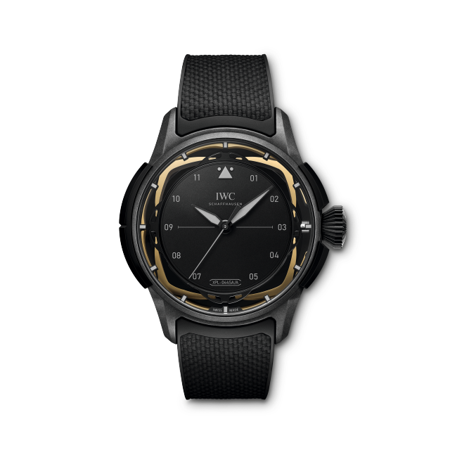 IWC Pilot's Watch, black dial, white numerals, stainless steel case, chronograph function, black rubber strap.