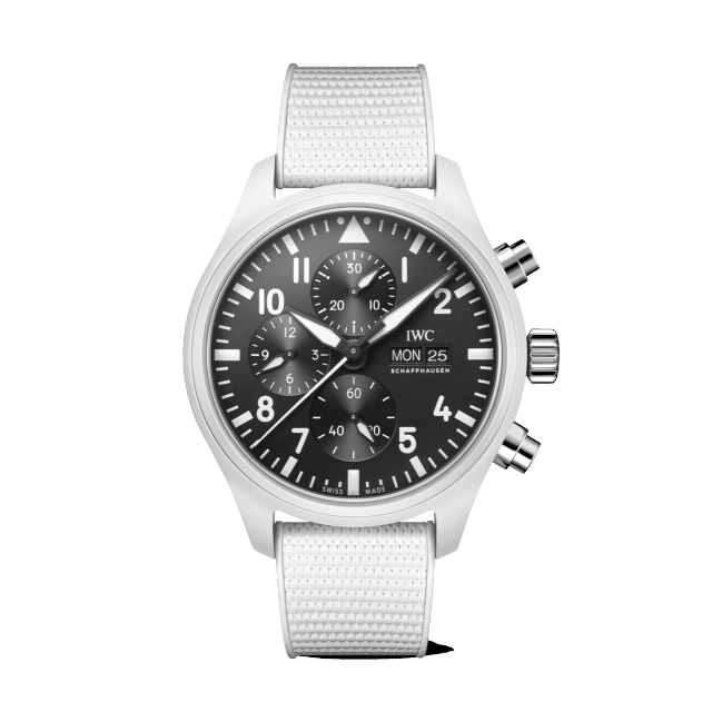 IWC PILOT’S WATCH CHRONOGRAPH TOP GUN EDITION “LAKE TAHOE” IW389105 with black dial and white strap.