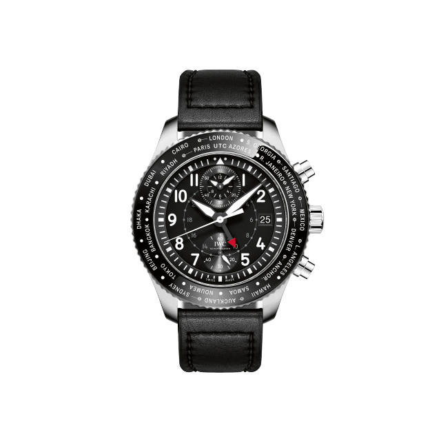 IWC Pilot's Watch, black dial, white numerals, stainless steel case, chronograph function, date window, black leather strap.