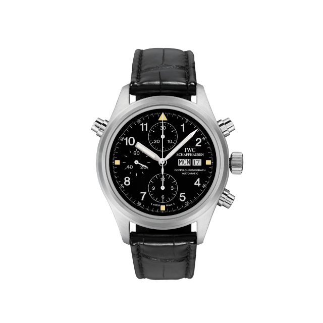IWC Pilot's Watch Double Chronograph 1992, black dial, white numerals, stainless steel case, two chronograph hands.