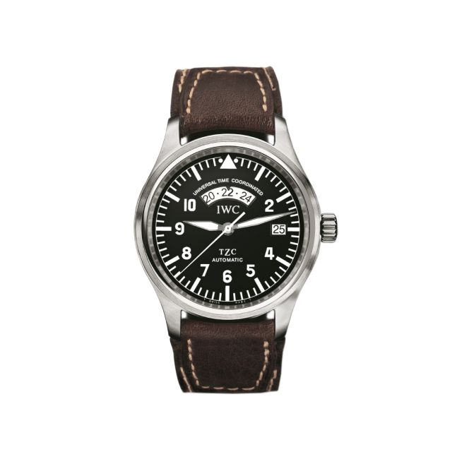 IWC Pilot's Watch UTC 1998, black dial, brown leather strap.