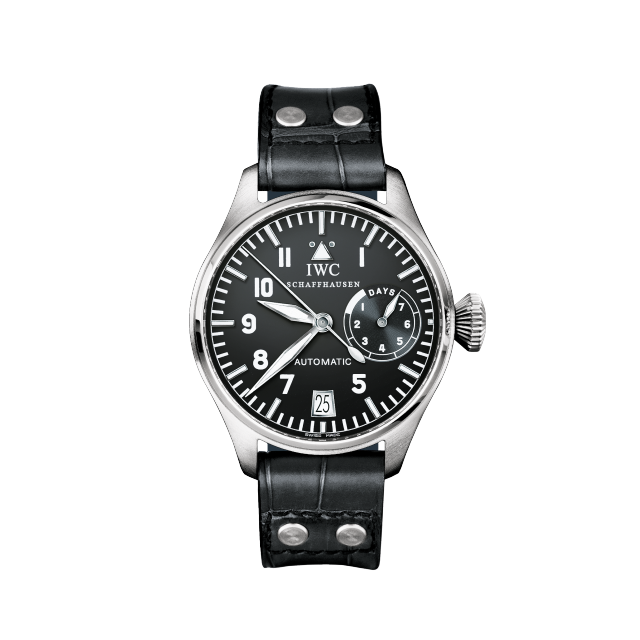 IWC Pilot's Watch Big Watch 2002, black dial, white numerals, stainless steel case, large size, day-date display.