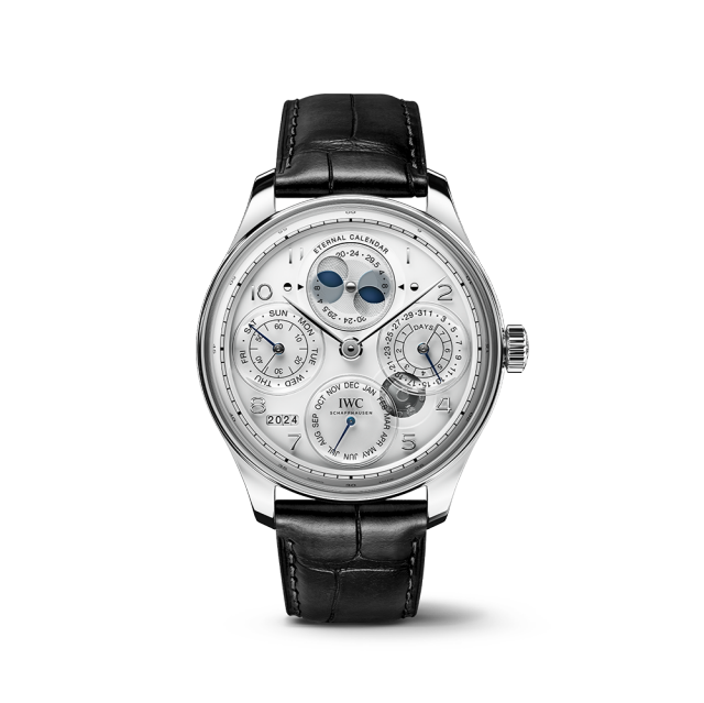 Portugieser Eternal Calendar watch with white dial and black leather strap