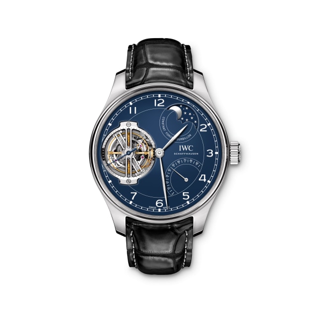 Jubilee Collection 1942, limited edition Portugieser watch, white dial, blue numerals, brown leather strap.