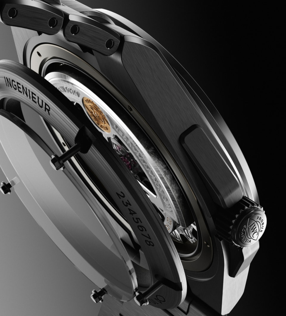 Back shot of IWC Ingenieur Automatic 42 with black dial and ceramic open-back case