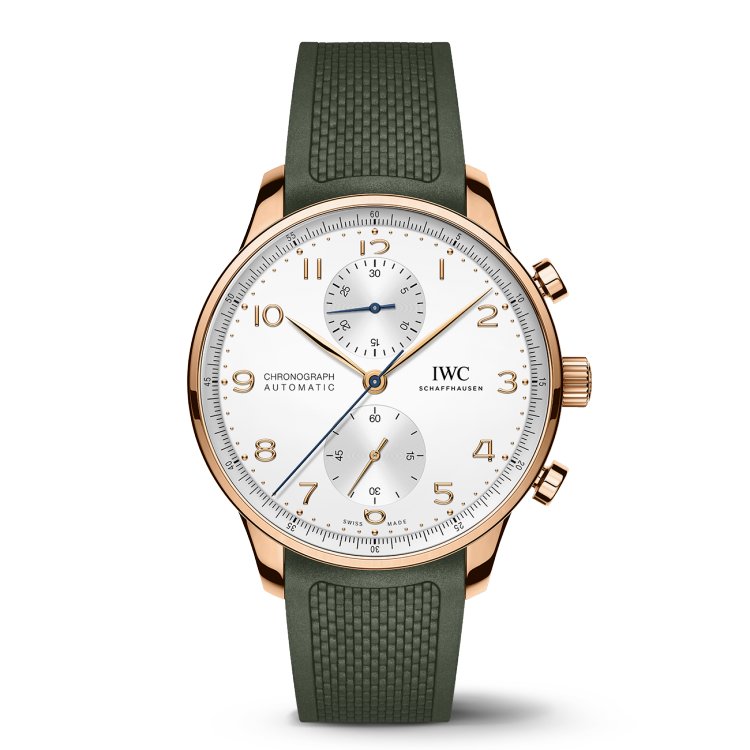 The Portugieser Chronograph in 18-carat 5N gold ref. IW371611 with Green rubber strap