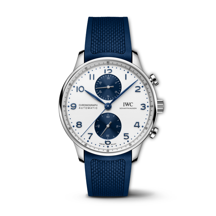The IWC Portugieser Chronograph (Ref. IW371620) on a blue rubber strap