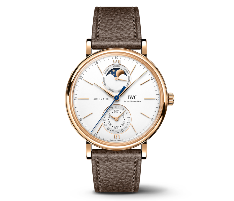Image of IWC Portofino Complete Calendar IW359002 with white dial, gold case and taupe calfskin strap.