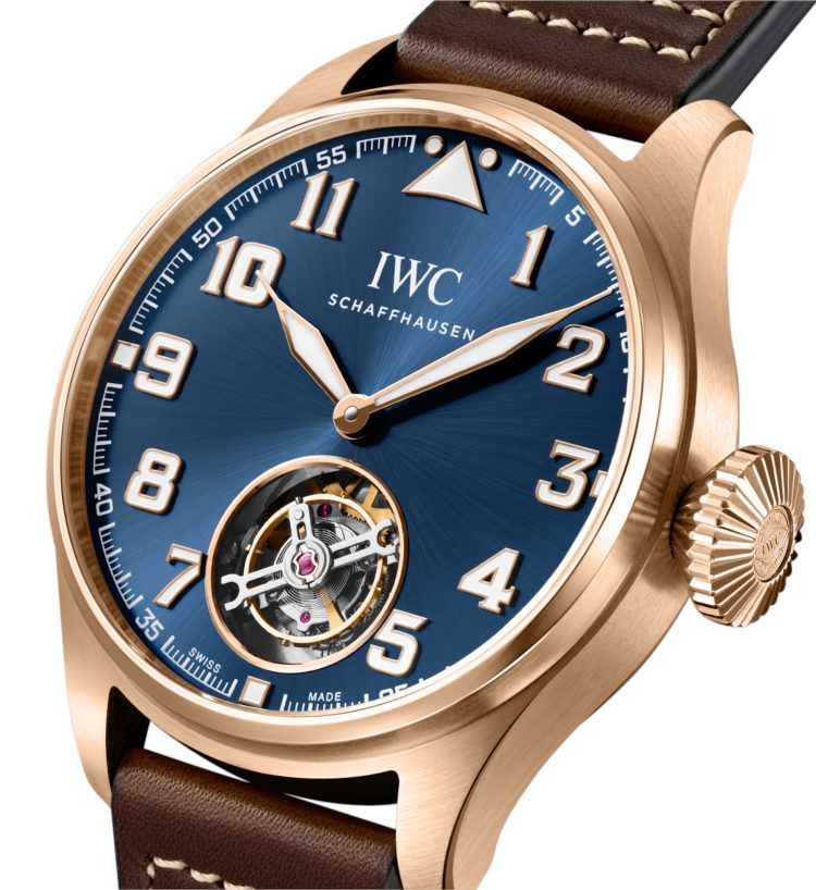 IWC大型飞行员系列43毫米陀飞轮小王子特别版腕表,蓝色表盘搭配18K Armor Gold®硬金表壳及棕色小牛皮表带