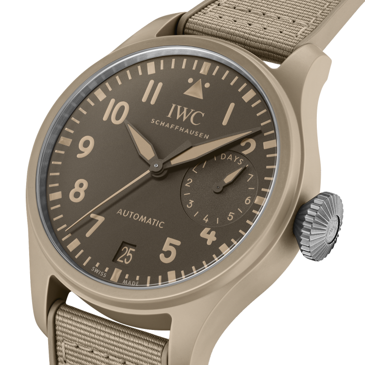 Close-up image of Big Pilot’s Watch TOP GUN Edition “Mojave Desert” watch with brown dial and light brown textile strap