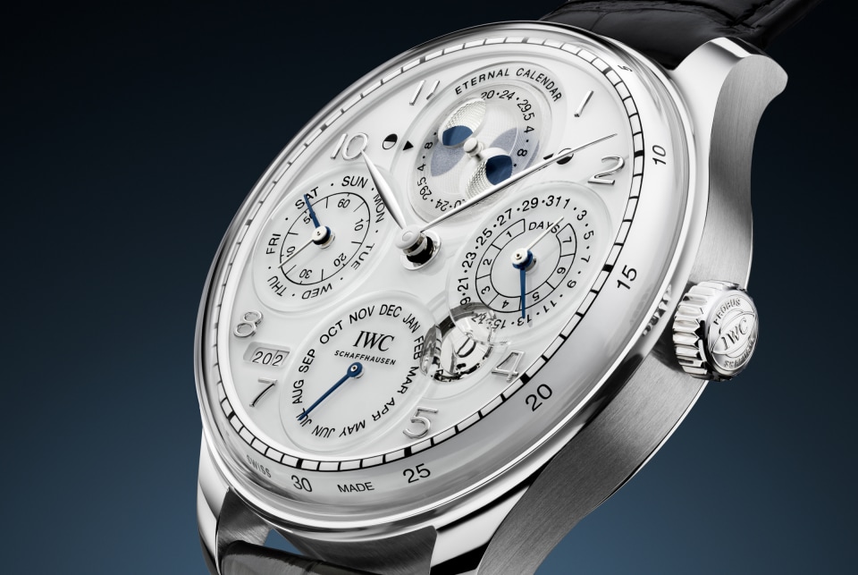 Portugieser Eternal Calendar with white dial and black strap close-up