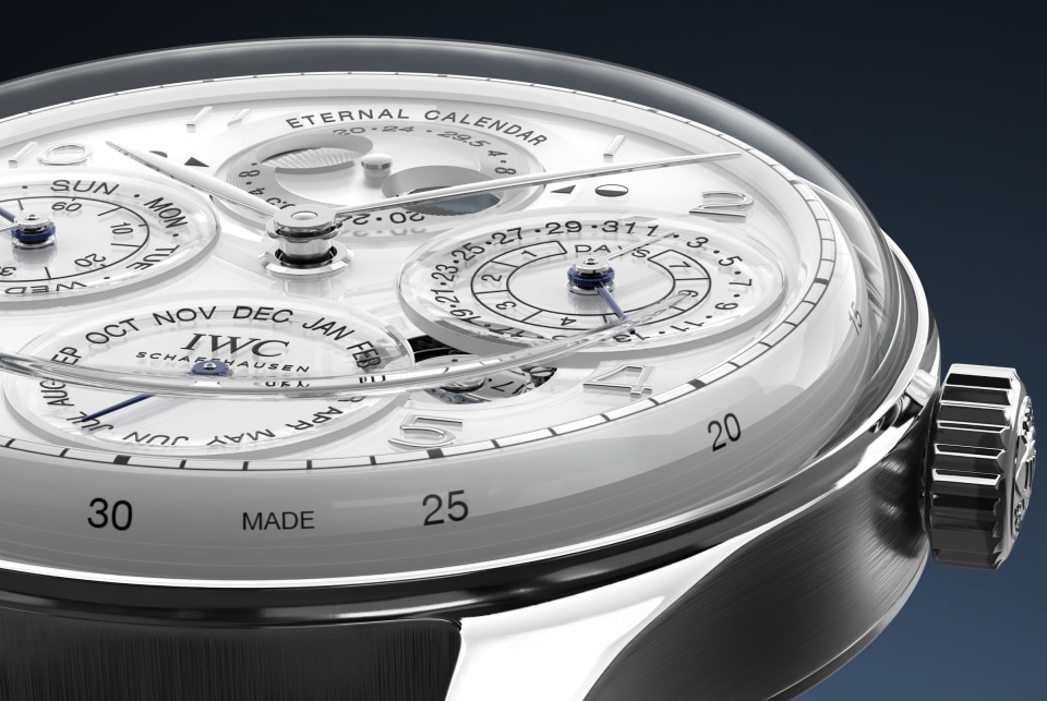 Portugieser Eternal Calendar with white dial and black strap close-up 2